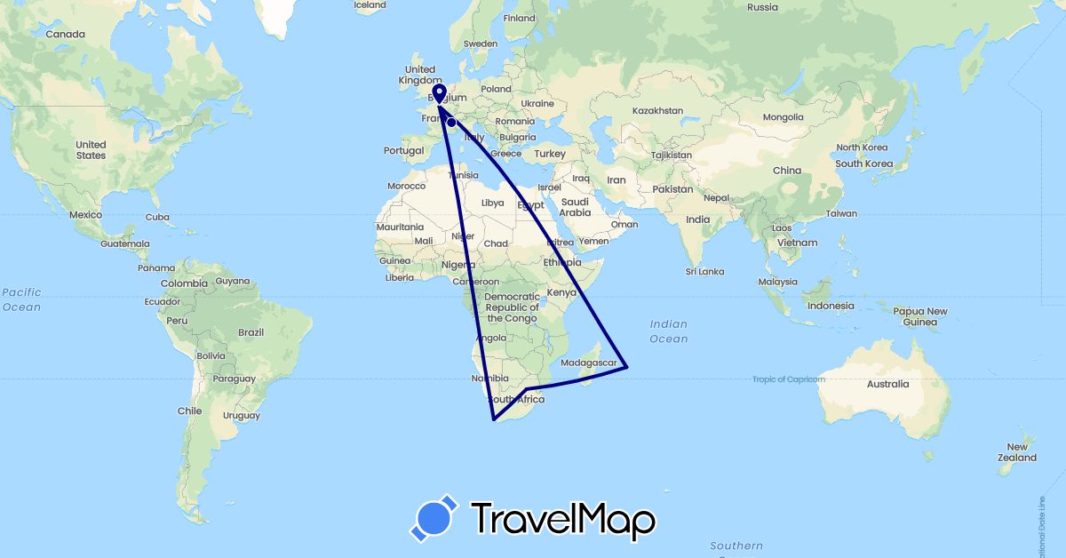TravelMap itinerary: driving in France, Mauritius, South Africa (Africa, Europe)